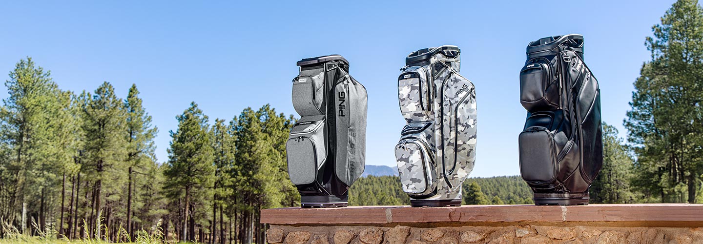 Image of the 2025 Cart Bags - DLX (black), Pioneer (cloud camo), and Traverse (heather grey/black)