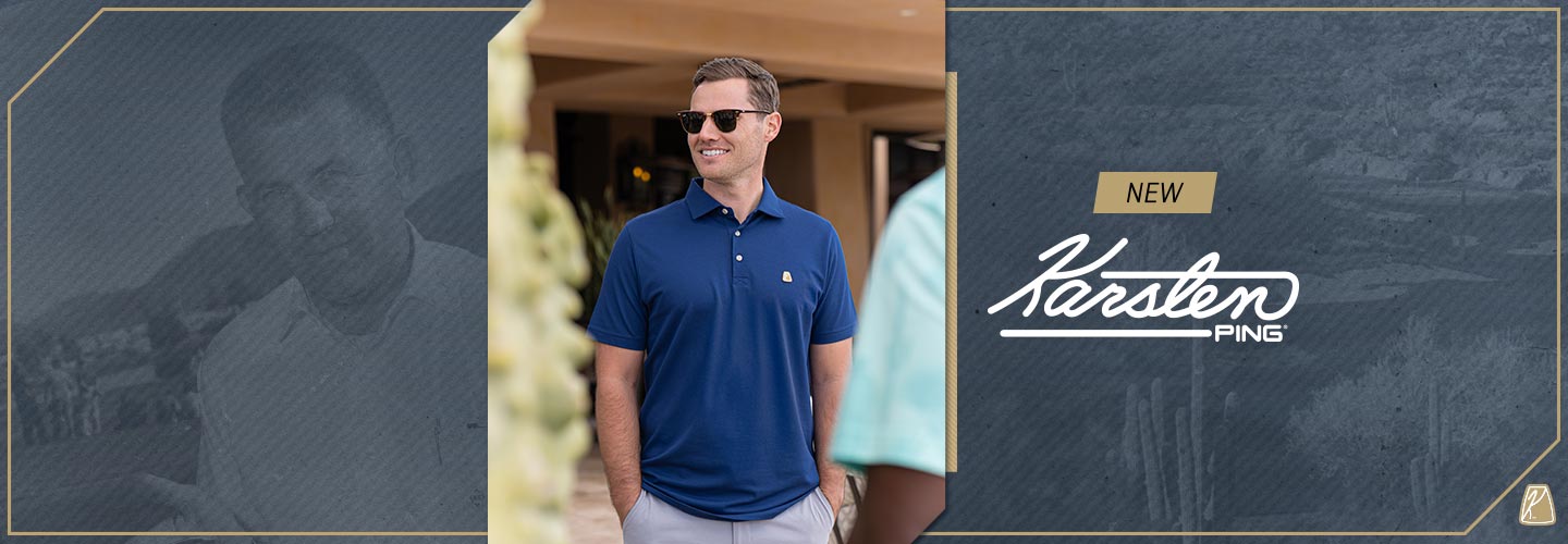 Image of new Karsten Apparel by PING. Model wearing the Classic Polo in Spring Navy.