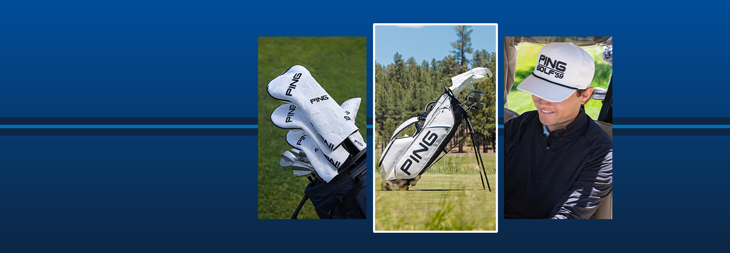 Image of PING icon headcovers, hooferlite tour bag and retro roper cap